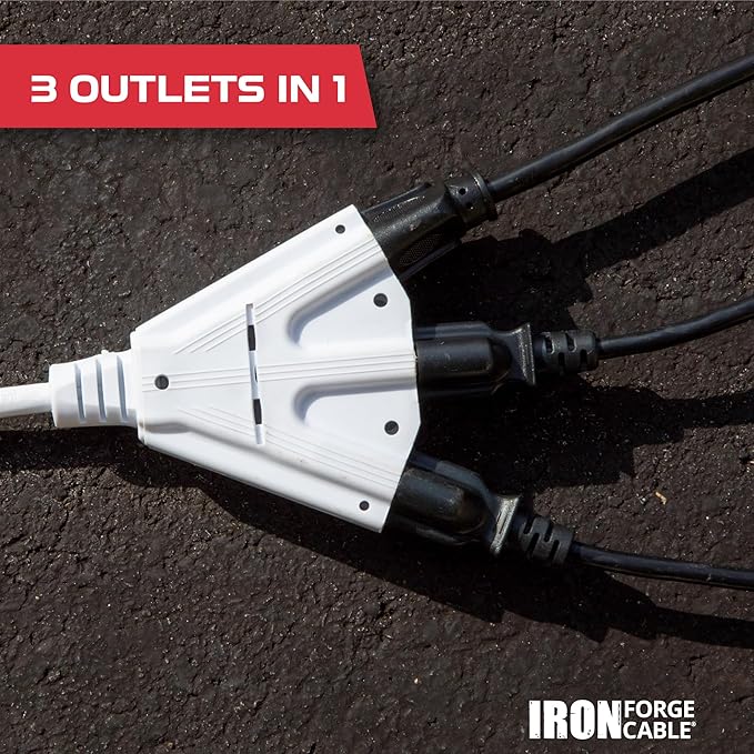 Iron Forge Cable 50ft White Outdoor Extension Cord with 3 Outlets - 14/3 SJTOW Oil Resistant 15 Amp 50ft Extension Cord 3 Prong - Multiple Outlets