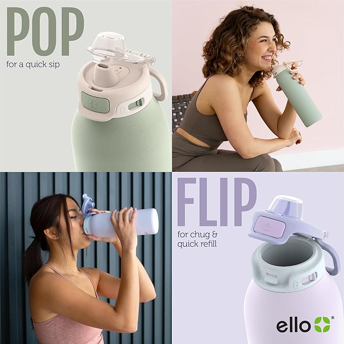 Ello Pop & Fill 22oz Stainless Steel Water Bottle with Quick Fill Technology, Double Walled and Vacuum Insulated Metal, Leak Proof Locking Lid, Sip and Chug, Reusable, BPA Free, Rosy Skyline