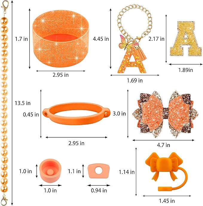 9PCS Orange for Stanley Cup Accessories Set Bling Initials Bow Charms for Stanley Decorations 30/40 Oz Tumbler Accessories Including Bow Straw Topper, Handle Strap, Spill Stopper（Letter A）