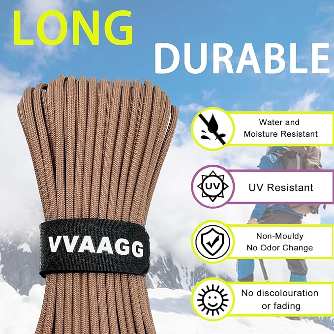 VVAAGG 1000 Paracord Rope 100FT Utility 4mm Parachute Cord Heavy Duty 12 Strand Camping Rope Tent Weatherproof Rope