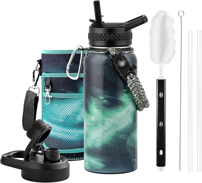 RAYMYLO Insulated Water Bottle 32 oz, Triple Wall Vacuum Stainless Steel (Cold for 24Hrs, Hot for 12Hrs), Leak Proof & Non-BPA, Modern Water Flask Jug with Paracord Handle & Straw Spout Lids