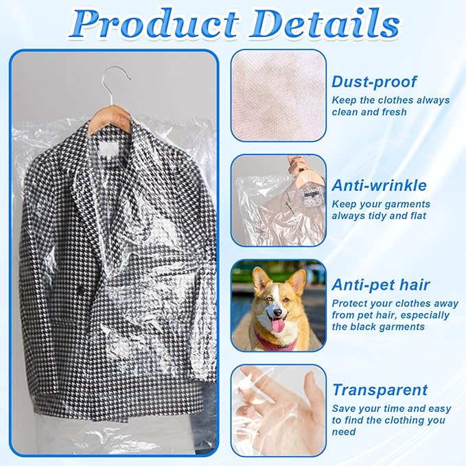 100 Pack Plastic Dry Cleaning Bags 23.6x35.4 Inch Garment Bags for Hanging Clothes Clear Dry Cleaner Covers Transparent Dust-Proof Clothing Covers for Suits Coats Uniforms Laundrette
