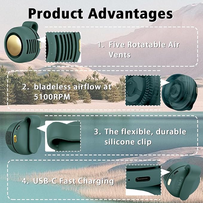 Portable Clip-On Fan, Mini USB Rechargeable 360° Rotatable Fan, 3-Speed Silent Mini Bladeless Fans (Green and Green)