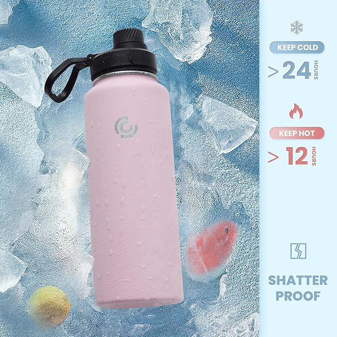 Sports Water Bottle 32oz, Insulated Water Bottle with Handle,Stainless Steel,Simple Modern,Suitable for Travel, School, Boy, Girl(Blush)