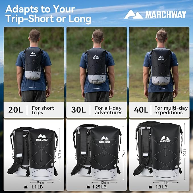 MARCHWAY Floating Roll Top Dry Bag, Flexible Lightweight TPU Waterproof Backpack 20L/30L/40L with Padded Straps for Boating, Kayaking, Swimming, Hiking, Beach (Black, 20L)