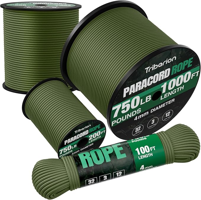 Paracord Rope 750 lb - 1000ft 5/32" Parachute Cord 4MM 12-Strand para Cord - Heavy Duty Spool String for Survival,Camping Gear, Survival Bracelet, Clothesline - Army Green