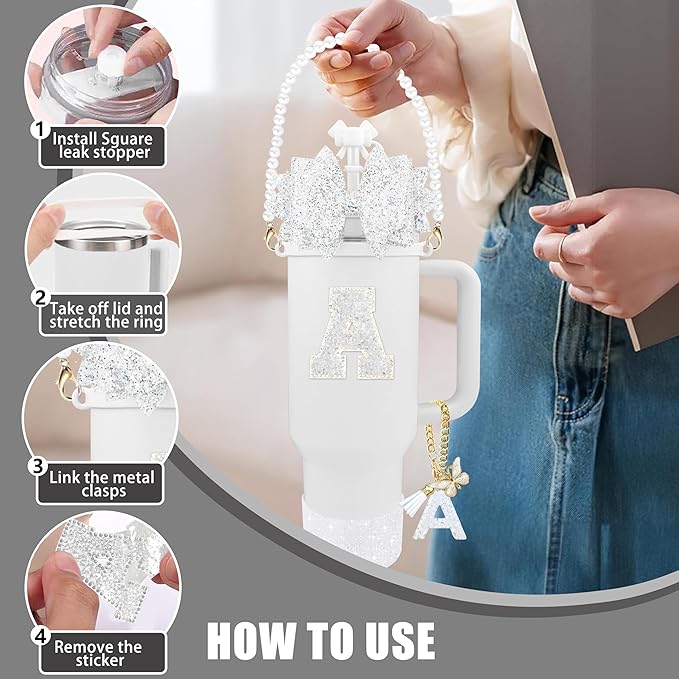 9PCS White for Stanley Cup Accessories Set Bling Initials Bow Charms for Stanley Decorations 30/40 Oz Tumbler Accessories Including Bow Straw Topper, Handle Strap, Spill Stopper（Letter L）