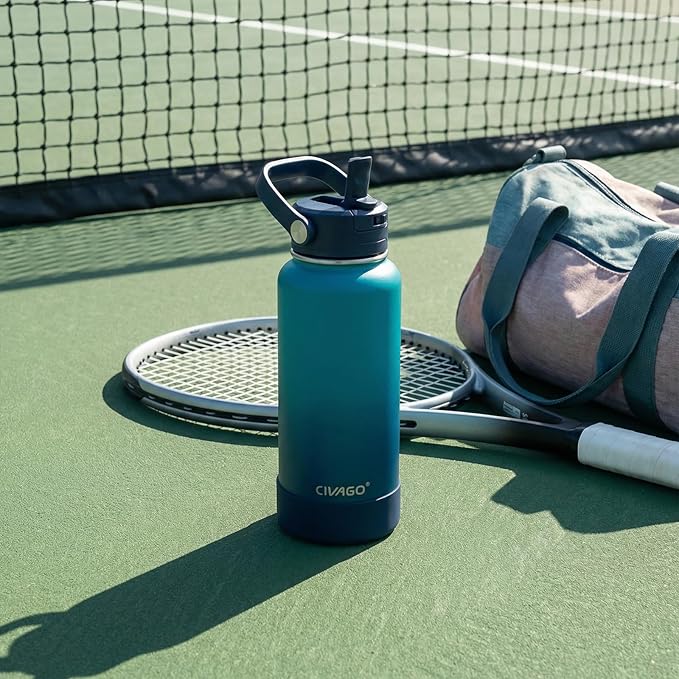 CIVAGO 32 oz Insulated Stainless Steel Water Bottle with Detachable Straw, Large Metal Water Jug with Bucket Handle, Leakproof Sports Water Flask with Silicone Boot, Dishwasher Safe, Dark Rainbow