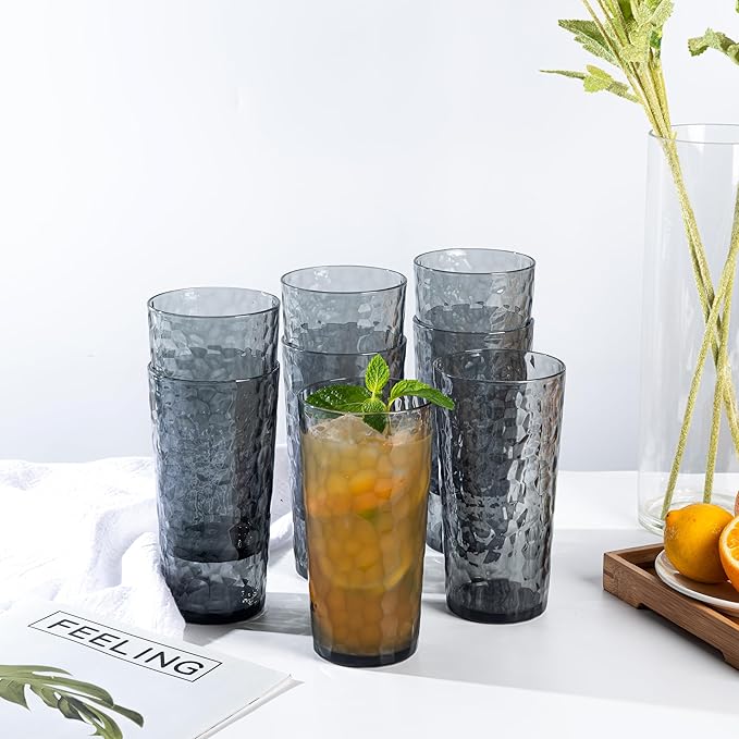 24-ounce Plastic Tumblers, Acrylic Drinking Glasses High-Balls, Reusable Plastic Cups, set of 12 Grey, Hammered Style Stackable, BPA-Free, Shatter-Proof, Dishwasher-Safe