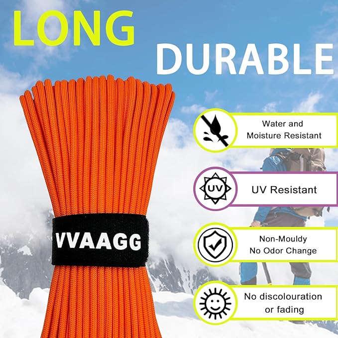 VVAAGG 1000 Orange Paracord 200FT Utility Parachute Cord 4mm Nylon String12 Strand Nylon Camping Rope, Tent Rope, Clothsline Rope for Survival & Camping Gear (Orange, 200FT)
