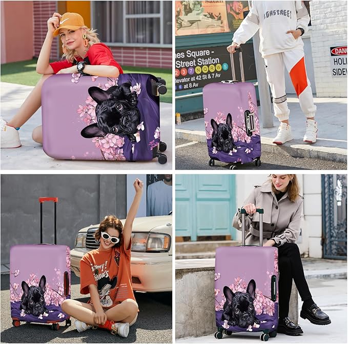 ANNA QUEEN French Bulldog Luggage Cover, Cute Black Dog with Pink Flowers Suitcase Protector, Stretchable Washable Travel Sleeve for 28-30 Inch Luggage