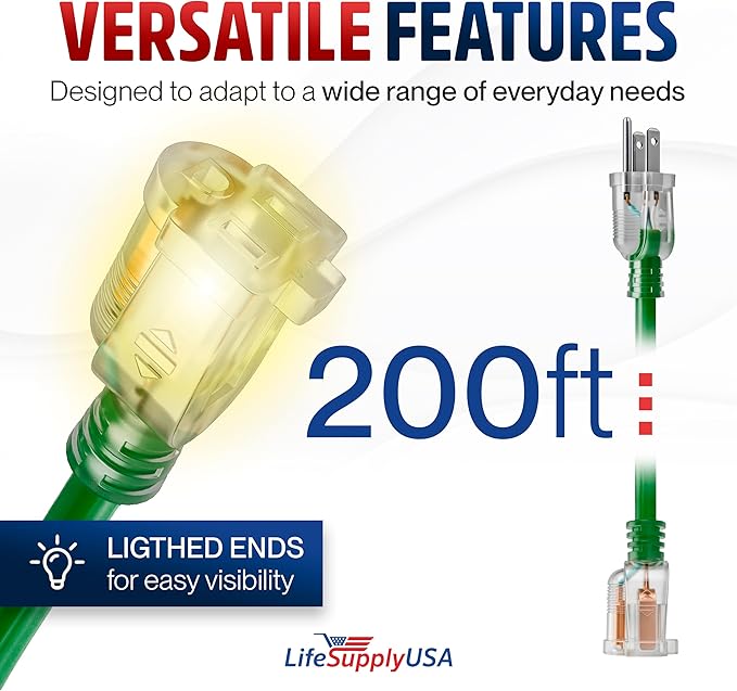 200ft Outdoor/Indoor Extension Cord 14/3 Gauge Heavy Duty 3 Prong SJTW, Waterproof, Flexible Cold-Resistant Long Power Cord,7A 125V 875W, Green by LifeSupplyUSA