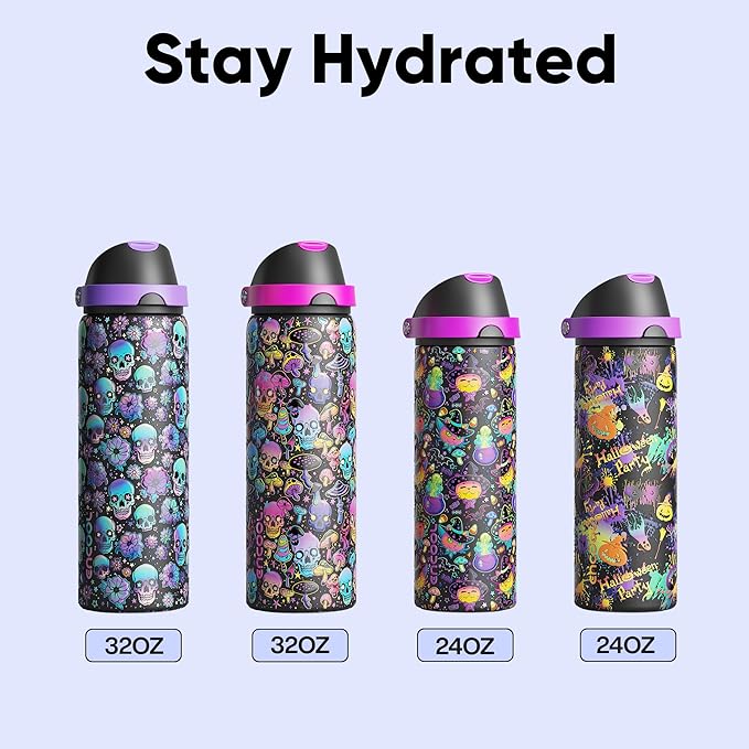 Insulated Water Bottle with Straw - Encool Stainless Steel Water Bottle with Push Button Lid, Leak-Proof & BPA-Free, Keeps Cold for 24 Hours for Sports, Travel, Gym (24 oz, Meowgic Night)