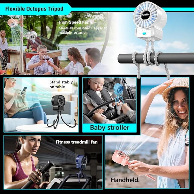 multifunctional USB rechargeable portable stroller small fan 4 speed 6600rpm high speed mini small handheld cooling fan extended flexible tripod for desktop wrap crib bike treadmill car kids gift