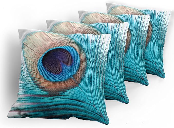 Ambesonne Feather Throw Pillow Cushion Case Pack of 4, Close up Pattern of Peacock Fluff in Vibrant Tones Natural Wildlife Theme Print, Modern Accent Double-Sided Digital Printing, 18", Aqua Cream