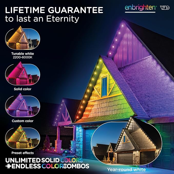 Enbrighten Vibe Eternity Permanent Outdoor Lights for House, 50ft, 36 RGBWIC LEDs, Close Spacing, 33lm, Color Changing, Christmas, Eave Lighting, Smart App, Works with Alexa, Google Home, 82730