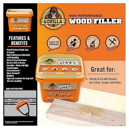 Gorilla All Purpose Wood Filler, Natural Finish, 16 Ounce Tub (Pack of 4) - Water Resistant for Indoor or Outdoor Projects and Repairs