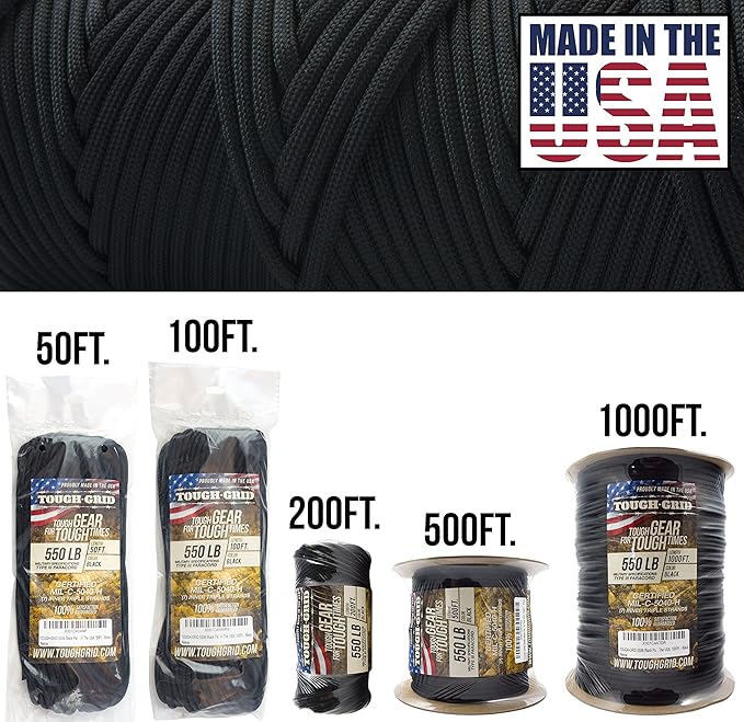 TOUGH-GRID 550 Paracord, Type III Mil-Spec Nylon Rope - 50 Ft Black Tactical Survival Cord