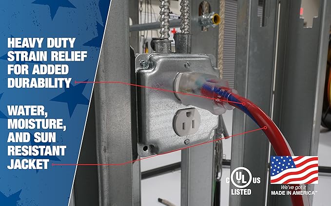 Southwire Extension Cord - Built for Outdoor & Indoor Power Use with Contractor-Grade Durability - Heavy-Duty SJTW Jacket - UL Certified - 12/3 SJTW - Red/White/Blue - 100 Foot