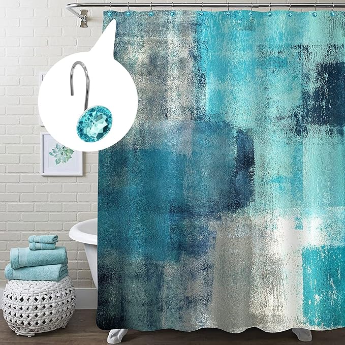 MitoVilla 24 Pcs Set Teal Blue Shower Curtain Hooks, Metal Shower Hooks for Turquoise Shower Curtain & Liner, Aqua Rust Proof Shower Rings for Curtain and Shower Rod