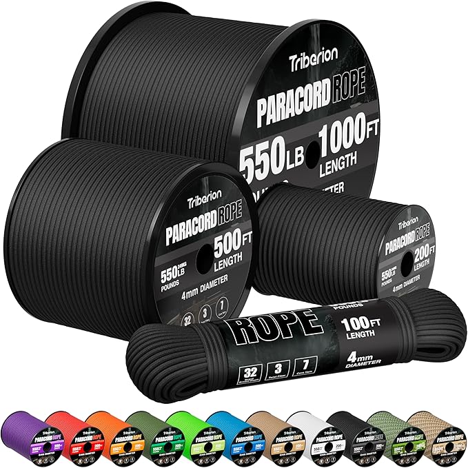 Paracord Rope 550 lb - 50ft 5/32" Parachute Cord 4MM 7-Strand para Cord - Heavy Duty Spool String for Survival,Camping Gear, Survival Bracelet, Clothesline - Black