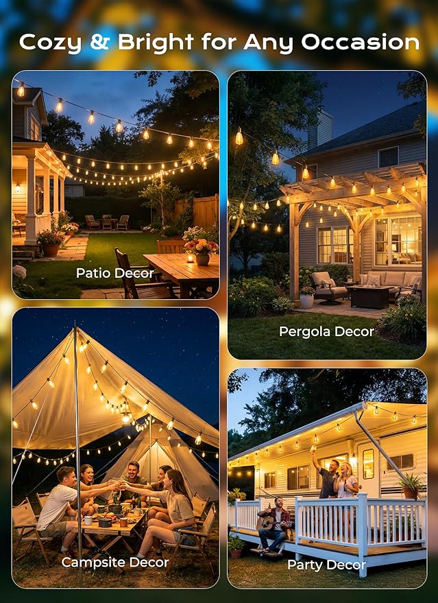 Brightown 108FT Solar String Lights Outdoor Waterproof, Patio Lights with Remote and 50+2 LED Shatterproof Bulbs, Dimmable & Timable, 3 Light Modes, Solar Lights Outdoor for Yard Garden Camping Party