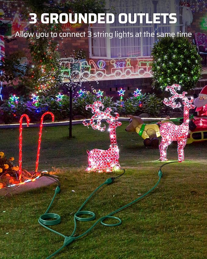 DEWENWILS 40 FT Total, Outdoor Extension Cord 1 to 3 Splitter for Lights, 3 Prong Outlets Plugs, Max 28ft End to End 16/3C SJTW Weatherproof Wire for Outdoor String Lights, ETL Listed,1 Pack