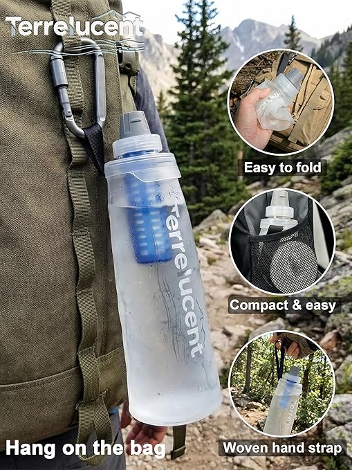 750ML Collapsible Water Bottle with Filter, Squeeze Filtered Water Bottle, BPA-Free, Dual Filtration, Ultralight Water Filter System for Hiking, Camping, Backpacking (White, 25.4 OZ)