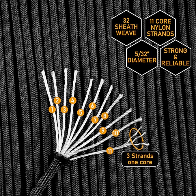 HERCULES 750lb Paracord 4mm 11 Strands Tactical Parachute Cord, 50' 100' 250' 1000' Utility Rope for Camping, Survival, Outdoor Gear (Dark Gray, 100FT)