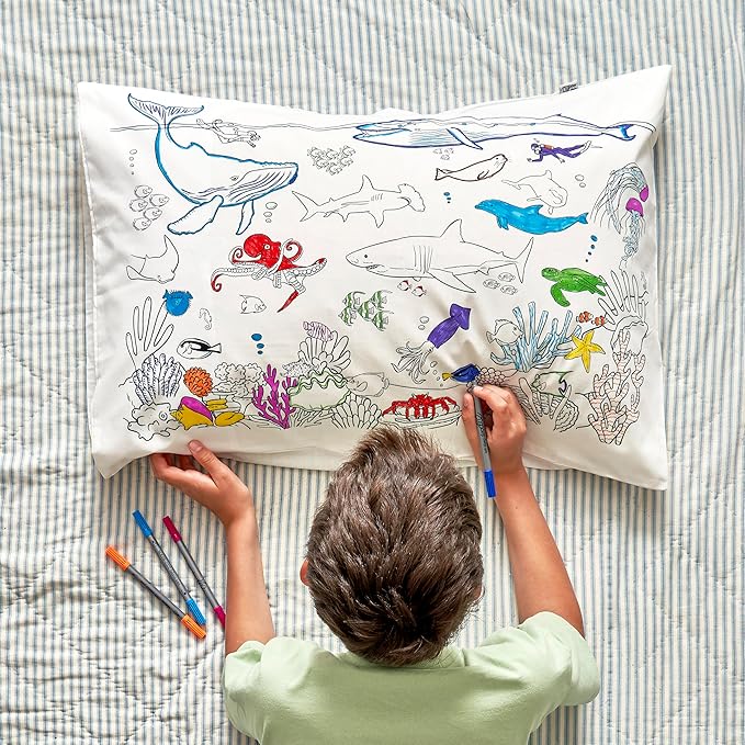 eatsleepdoodle - Coloring Pillowcase for Kids – Reusable DIY Pillow Cover with Washable Markers, Educational Arts & Crafts Activity for Boys & Girls, Fun Gift for Creative Play, Machine Washable
