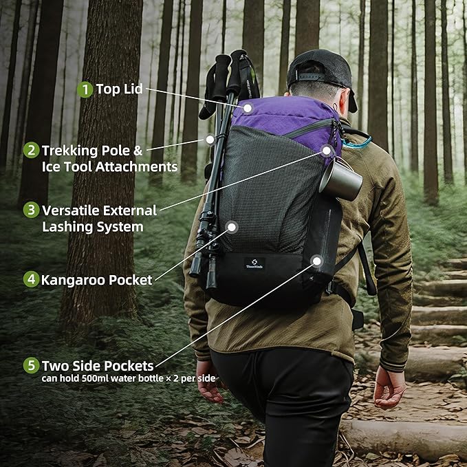 Thous Winds Ultralight Backpack, 20+5L Waterproof Hiking Daypack, EPX200 Fabric, 500g Lightweight Travel Backpack for Men Women Outdoor Camping Backpacking, Lilac