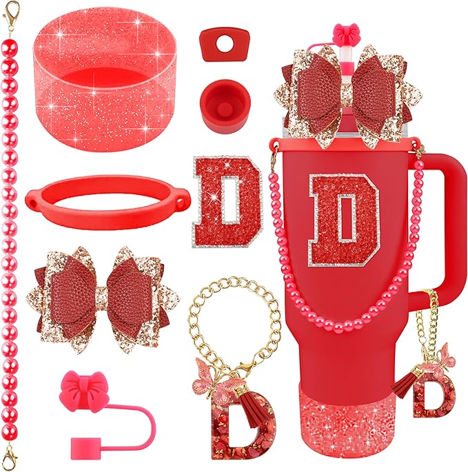 9PCS Red for Stanley Cup Accessories Set Bling Initials Bow Charms for Stanley Decorations 30/40 Oz Tumbler Accessories Including Bow Straw Topper, Handle Strap, Spill Stopper（Letter D）