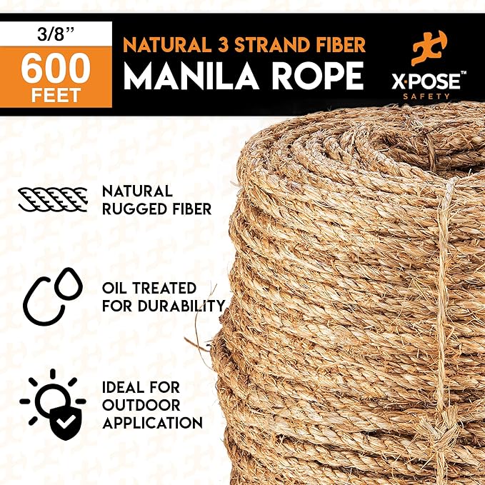 Manila Rope - 3/8 Inch 600' - 3 Strand Cordage Twisted Braided Rope - Thick Natural Fiber for Marine, Decorative for Crafts, Porch Column, Outdoor Pole Wrap, Tree Swing 6 Pack