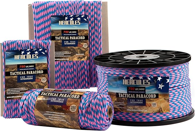 HERCULES 750lb Paracord 4mm 11 Strands Tactical Parachute Cord, 50' 100' 250' 1000' Utility Rope for Camping, Survival, Outdoor Gear (Pink Blue Plaid, 250FT)
