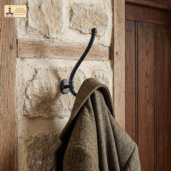 Mystic Colonial Rustic Cast Iron Wall Hooks, Heavy Duty Retro Utility Hanger, Multi Purpose Wall Mount Hooks for Hanging Coat, Bag, Towel, Robe, Hat, Pack of 2-8"" x 1.5"""