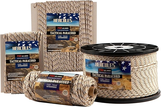 HERCULES 750lb Paracord 4mm 11 Strands Tactical Parachute Cord, 50' 100' 250' 1000' Utility Rope for Camping, Survival, Outdoor Gear (Desert Camo, 100FT)