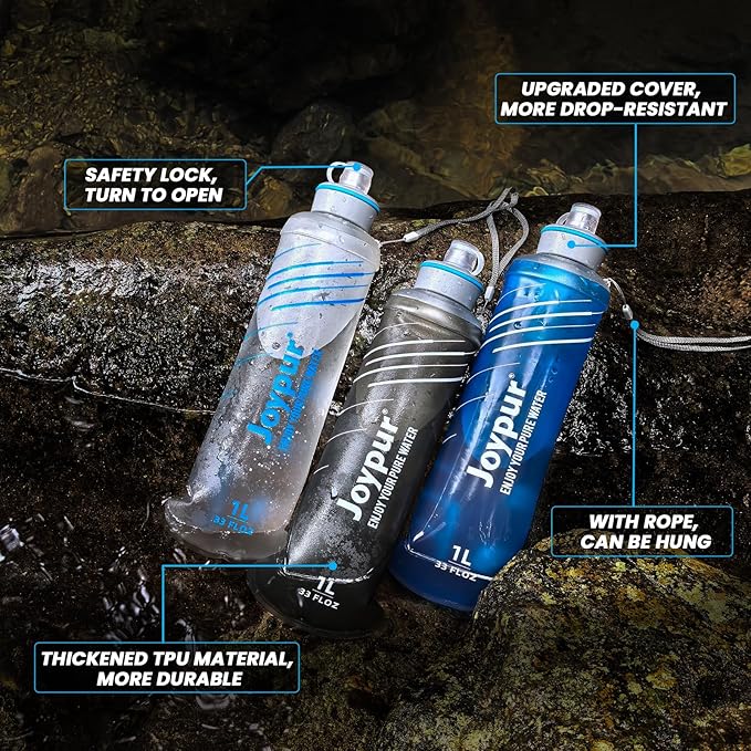 Water Filter Survival - Collapsible Water Bottle with Filter 0.01 Micron Squeeze Filtered Water Bottle 32oz for Hiking Backpacking Camping BPA-Free(Blue 1000ml)