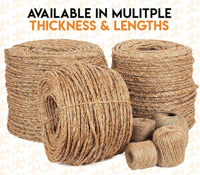 Manila Rope - 1/4 Inch 600' - 3 Strand Cordage Twisted Braided Rope - Thick Natural Fiber for Marine, Decorative for Crafts, Porch Column, Outdoor Pole Wrap, Tree Swing 6 Pack