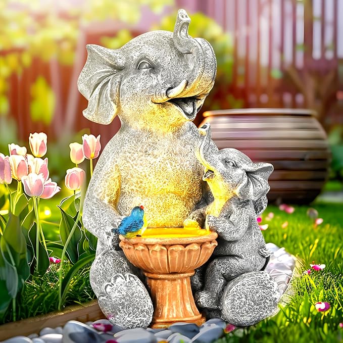GIGALUMI Solar Garden Statues Bird Bath Elephant 9", Loving Elephant Decor, Yard Decorations Outdoor, Elephant Figurine Lights for Outside, Garden Decor Unique Housewarming Gifts for Women, Mom