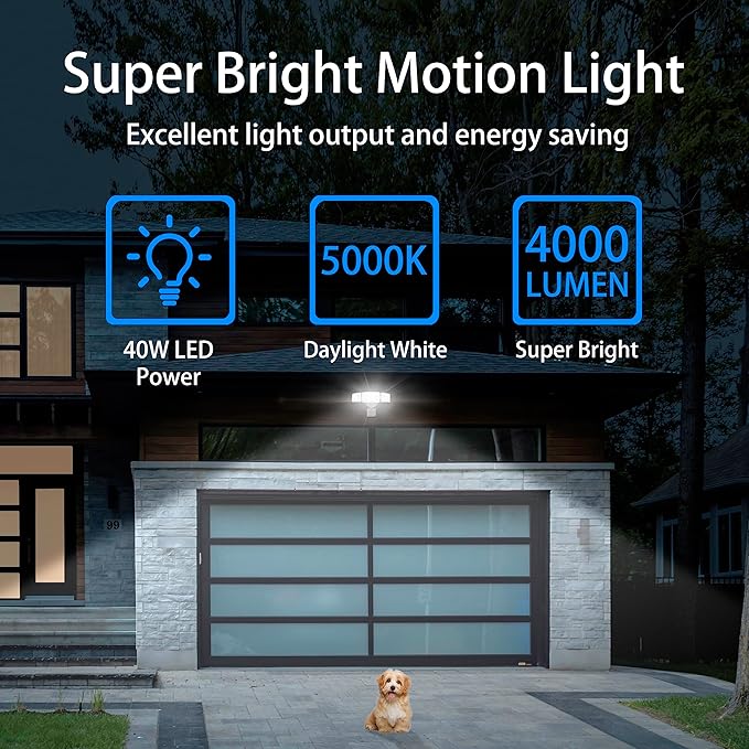 40W LED Security Lights Motion Sensor Light Outdoor, 180 Degree, 4000LM, 5000K, ETL Water Resistant, 3 Head Motion Detected Flood Light for Garage, Yard, Porch 2-Pack (White)