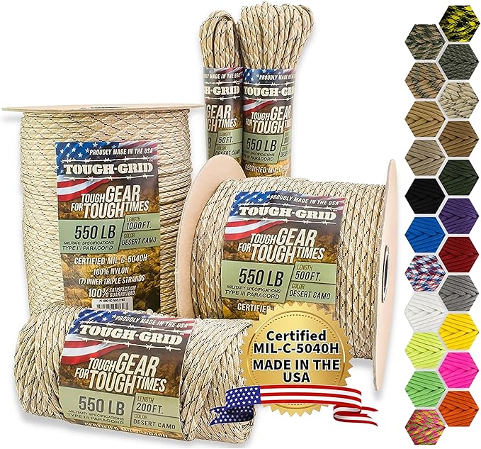 TOUGH-GRID 550 Paracord, Type III Mil-Spec Nylon Rope - 100 Ft Desert Camo Tactical Survival Cord