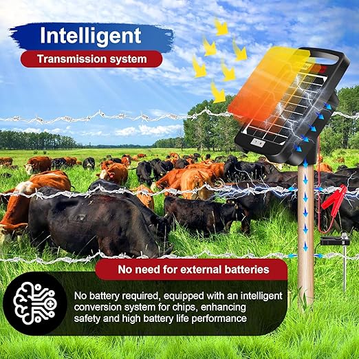 20 Miles Solar Powered Electric Fence Charger – 0.32J Output, 24/7 Day/Night Protection, Portable Fence Energizer for Dogs, Chickens, Garden, Livestock, Rechargeable Solar Panel, Rugged & Waterproof