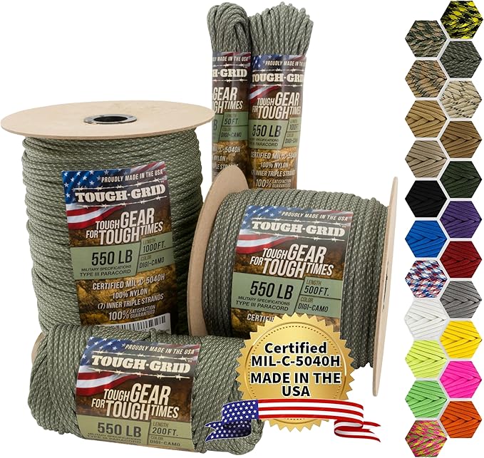 TOUGH-GRID 550 Paracord, Type III Mil-Spec Nylon Rope - 50 Ft Digi-Camo Tactical Survival Cord