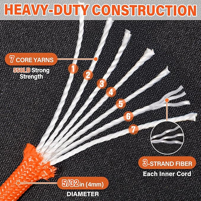 Paracord Rope 550 lb - 500ft 5/32" Parachute Cord 4MM 7-Strand para Cord - Heavy Duty Spool String for Survival,Camping Gear, Survival Bracelet, Clothesline - Orange