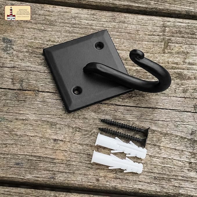 Mystic Colonial Rustic Cast Iron Wall Hooks, 3.6" Heavy Duty Coat Hooks for Coat, Bag, Towel, Hat & Robe, Mounting Hardware Included, Black, Pack of 1