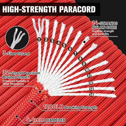 1200 Paracord Rope - 4.4mm 14 Strand Nylon Parachute Spool para Cord Lanyard for Outdoor Camping Survival Utility Tent Crafting DIY Projects Fishing Clothsline Bracelet - Red 500FT