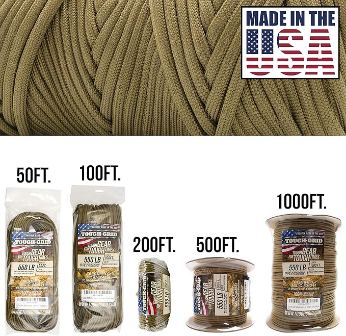 TOUGH-GRID 550 Paracord, Type III Mil-Spec Nylon Rope - 200 Ft Grizzly Brown Tactical Survival Cord