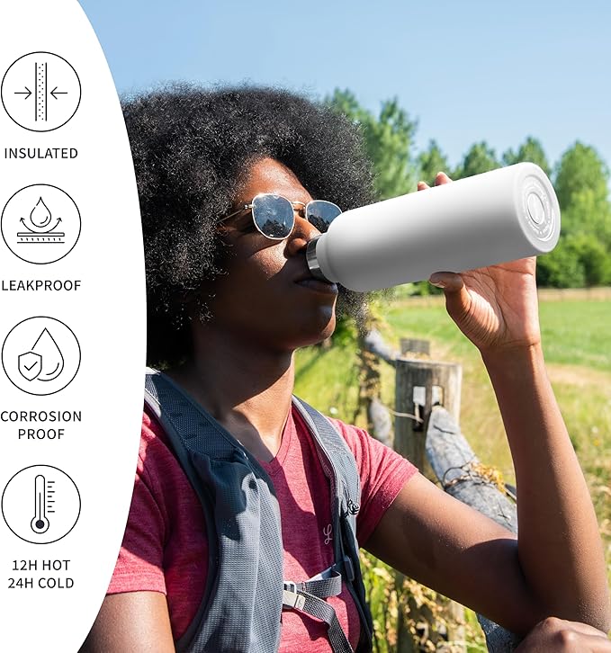 Bambaw Insulated Metal Water Bottle 32 oz, Double Wall 32 oz Water Bottle Stainless Steel, Made of High-Grade Stainless Steel, Reusable & Rust-Resistant (Polar White)