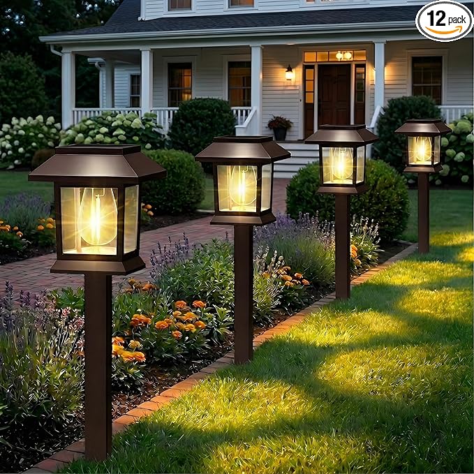 Benany Solar Outdoor Lights, 12 Pack Solar Pathway Lights Waterproof, Landscape Lighting for Path Walkway Lawn Garden Yard Outside Décor, Brown
