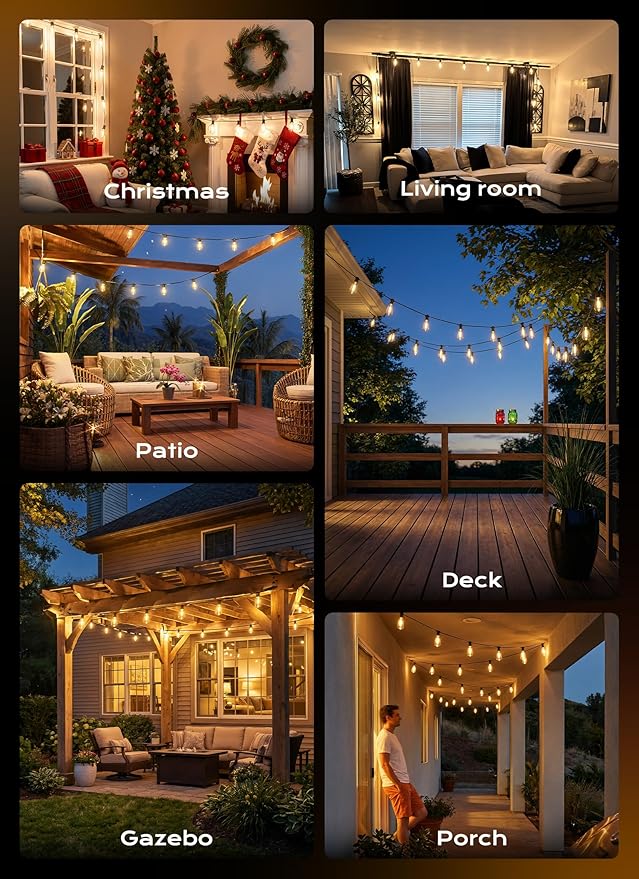 Minetom 55FT Outdoor String Lights with Remote, 25+2 Shatterproof ST38 LED Bulbs, Waterproof Patio Lights with 3 Modes, Dimmable & Connectable 2700K Hanging Lights for Backyard Porch Deck Balcony